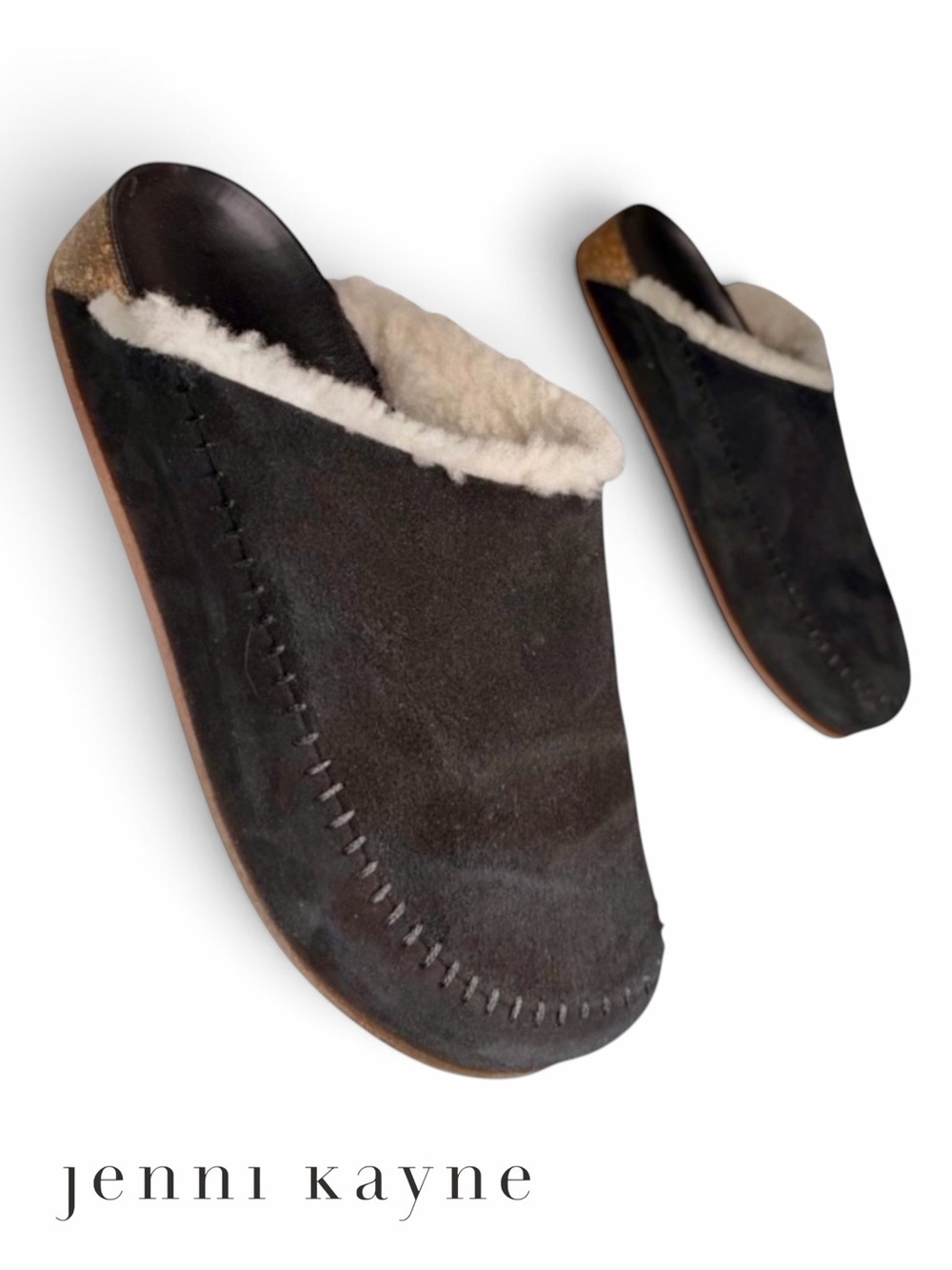 Jenni Kayne Shearling Moc Clog Black Suede Mules‎ EU 37 Women 7